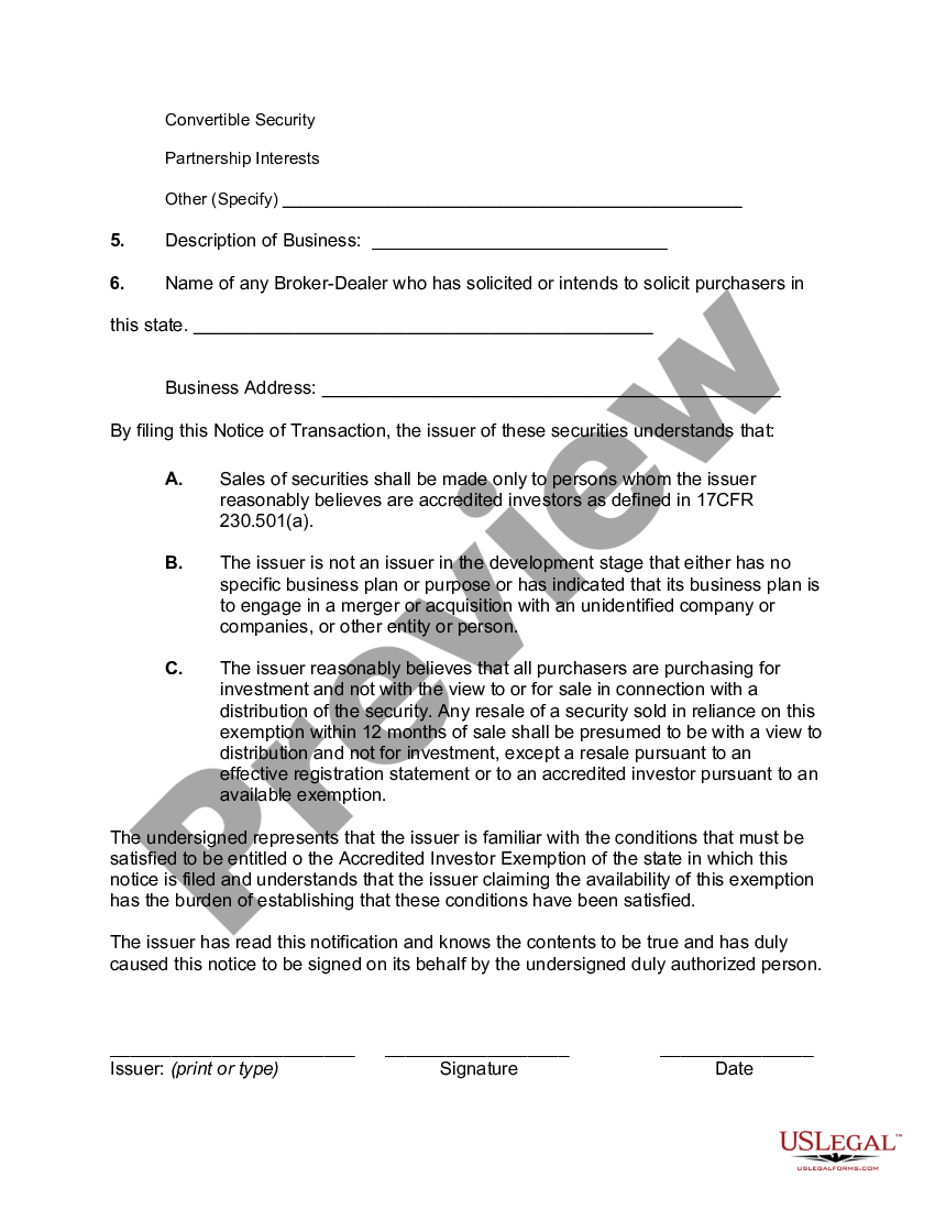 Model Accredited Investor Exemption Uniform Notice of Transaction ...