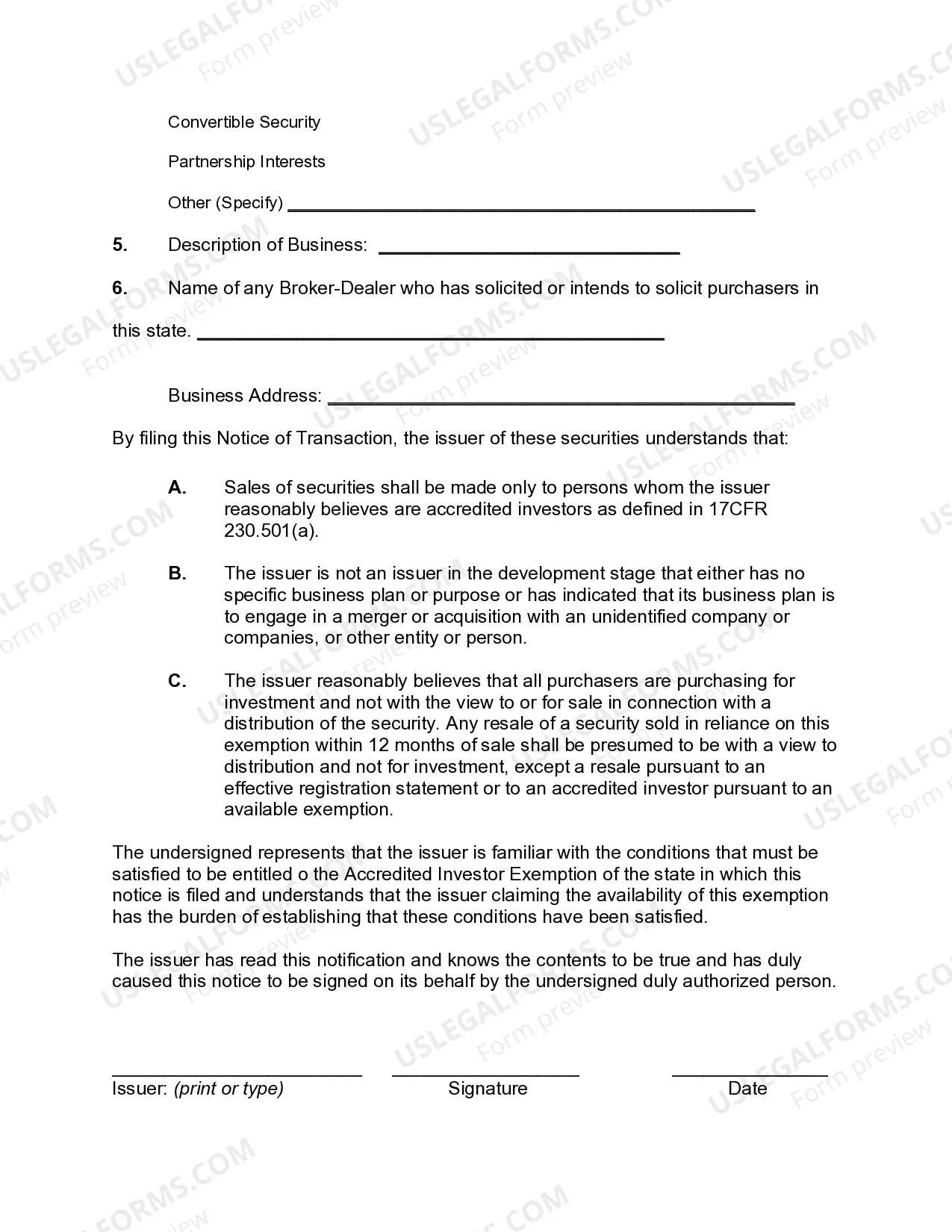 Preview Model Accredited Investor ExemptionUniform Notice of TransactionNotice of Sale of Securities pursuant to Accredited Investor Exemption