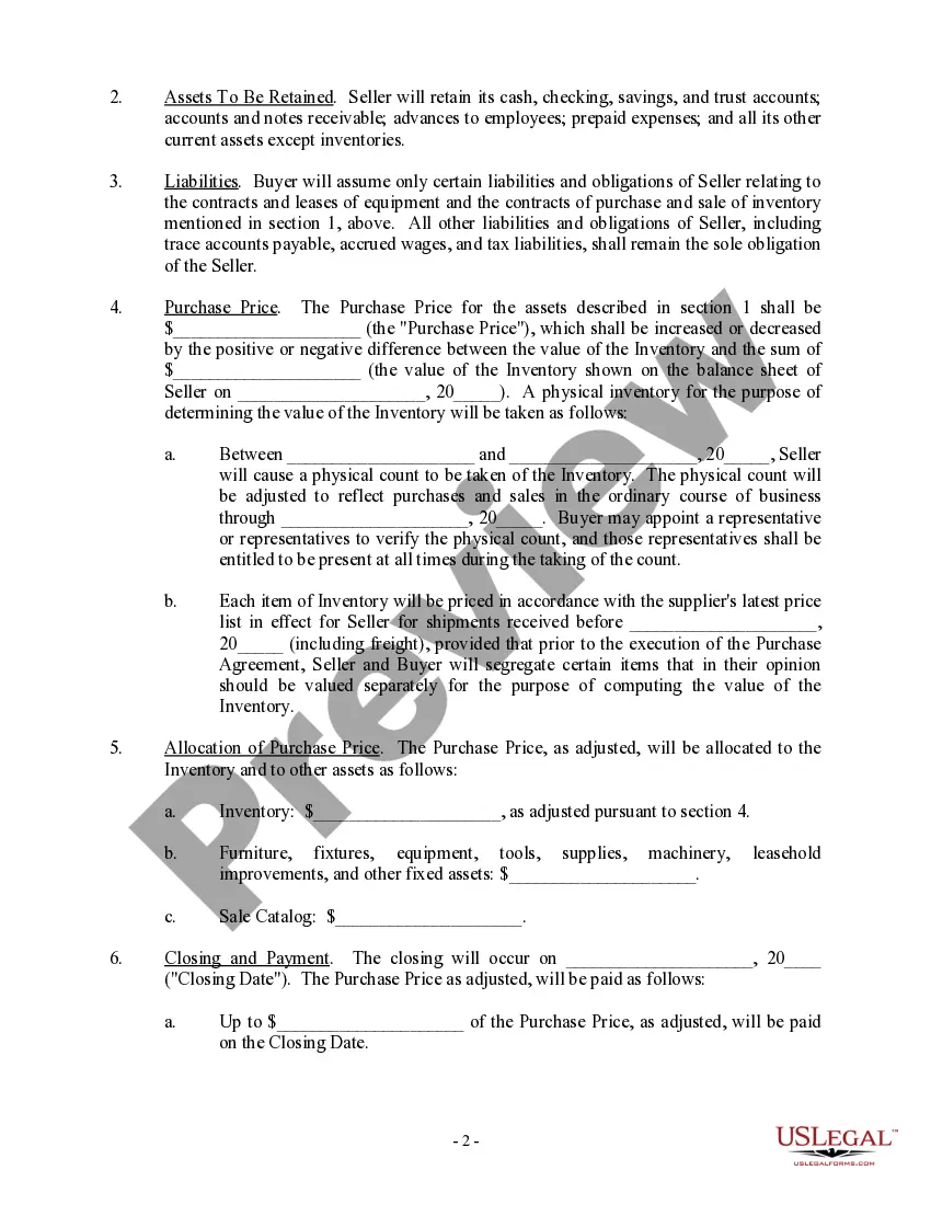 Preview Letter regarding Sale of Assets