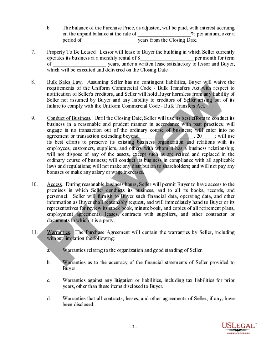 Preview Letter regarding Sale of Assets