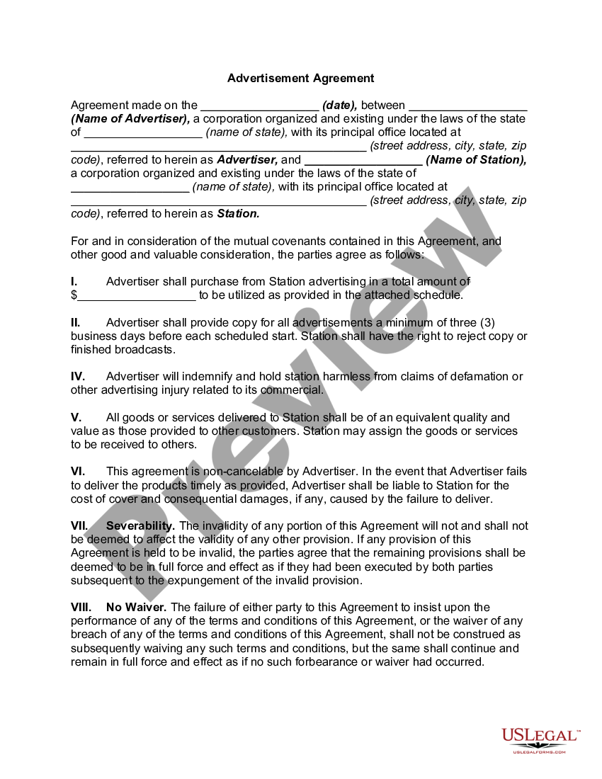 Advertisement Agreement | US Legal Forms