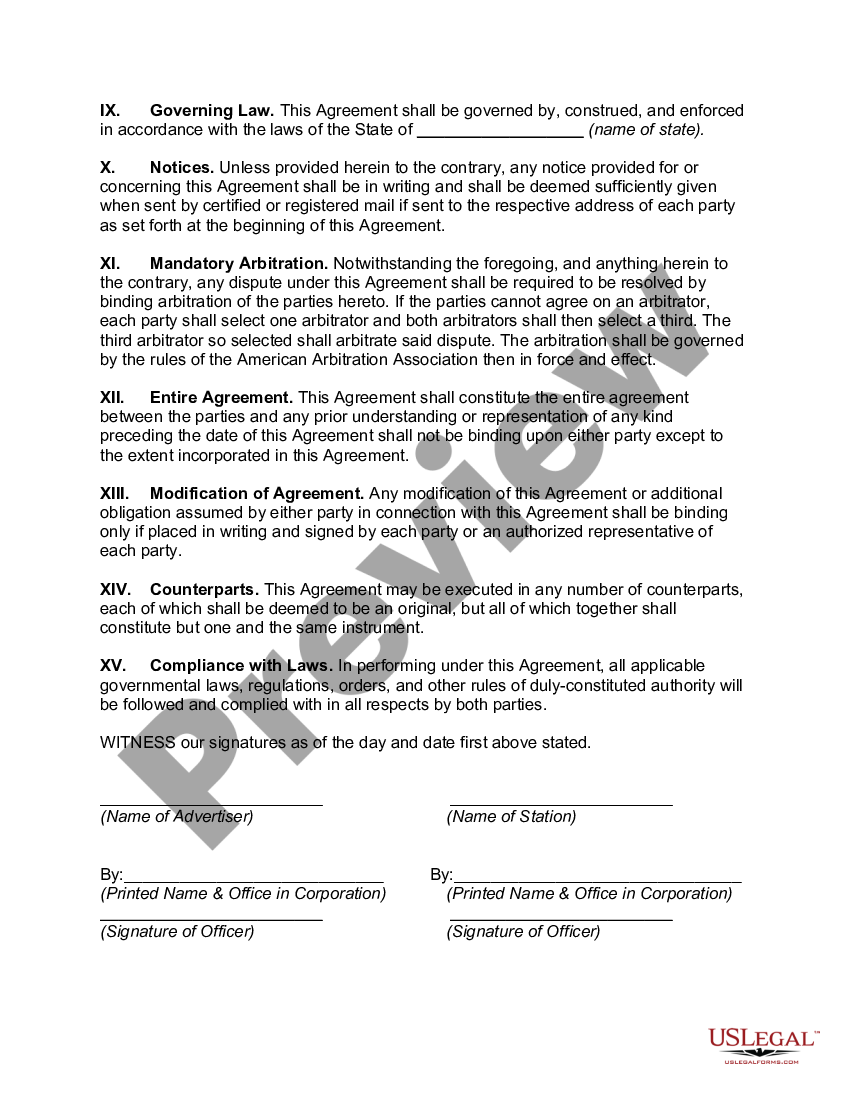 Advertisement Agreement | US Legal Forms