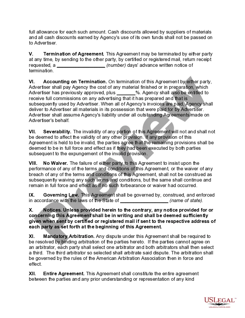 Preview Short Form Agreement between Advertiser and Advertising Agency