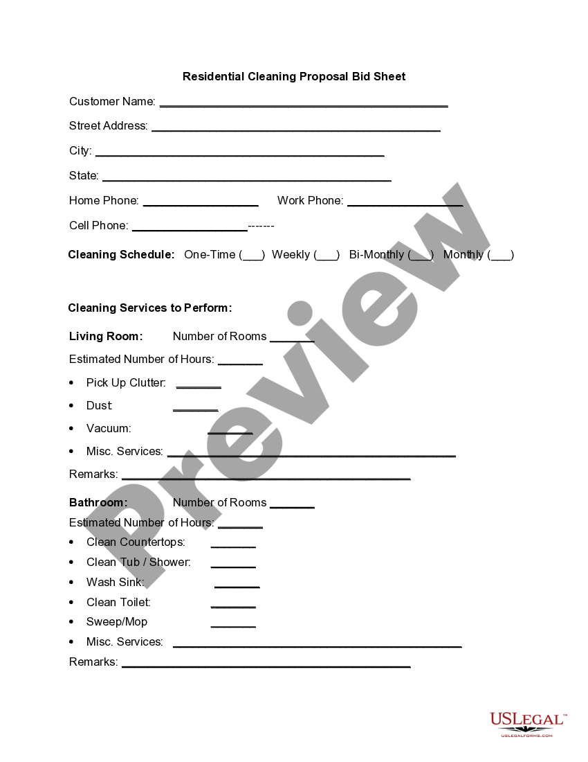 Residential Cleaning Proposal Bid Sheet US Legal Forms