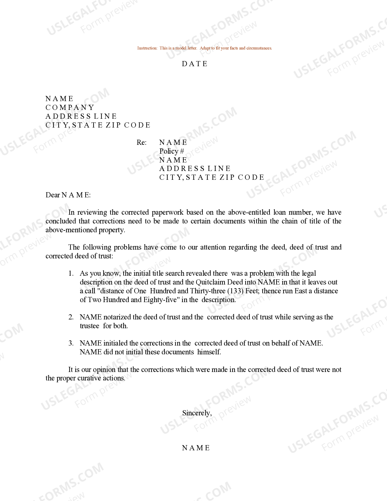 Sacramento California Sample Letter for Corrections to Deed, Deed of