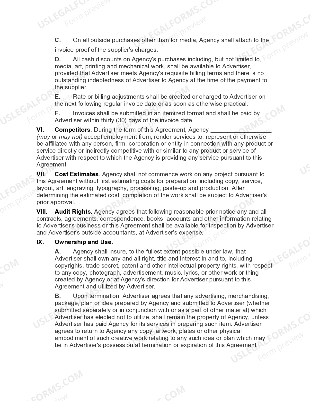 Advertising Agency Agreement US Legal Forms