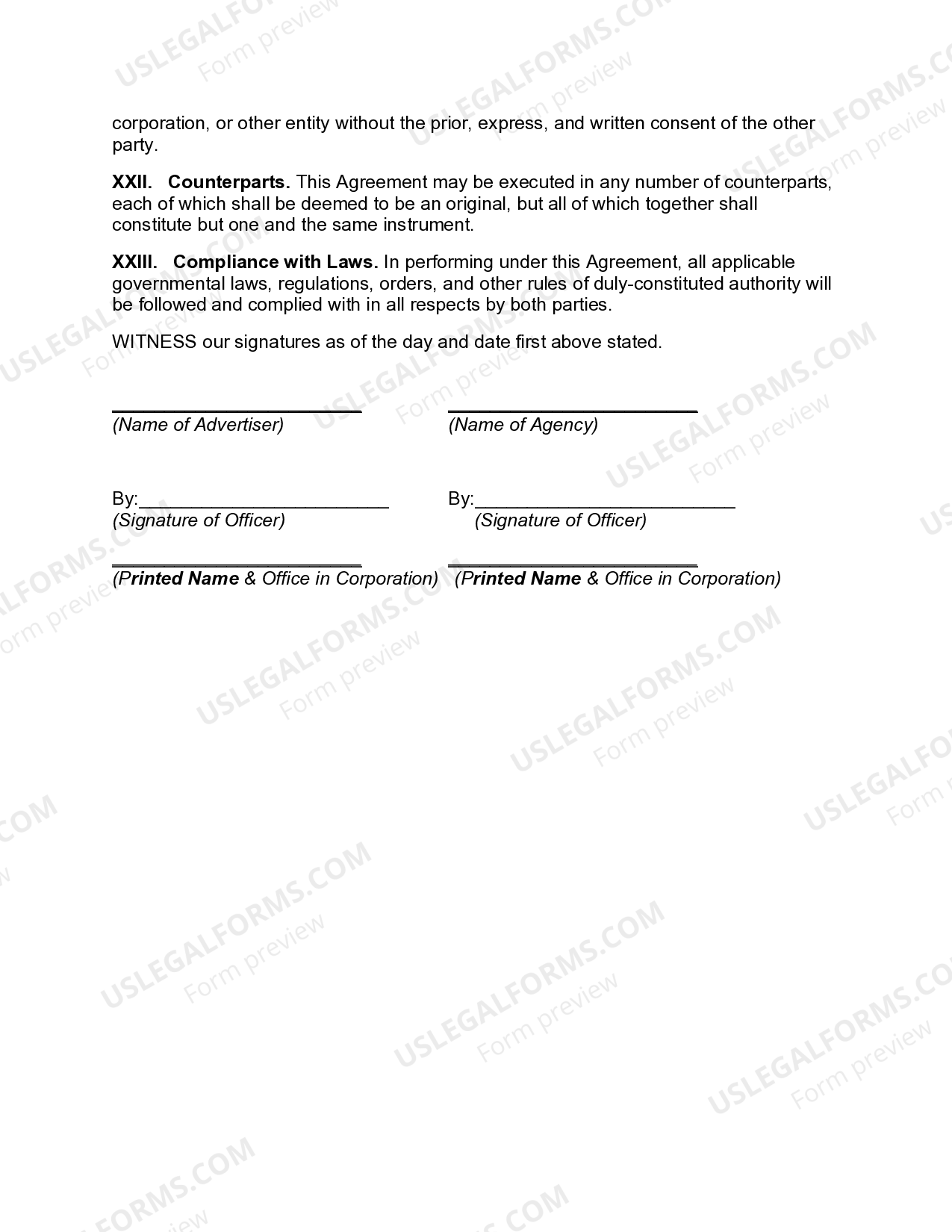 Advertising Agency Agreement US Legal Forms