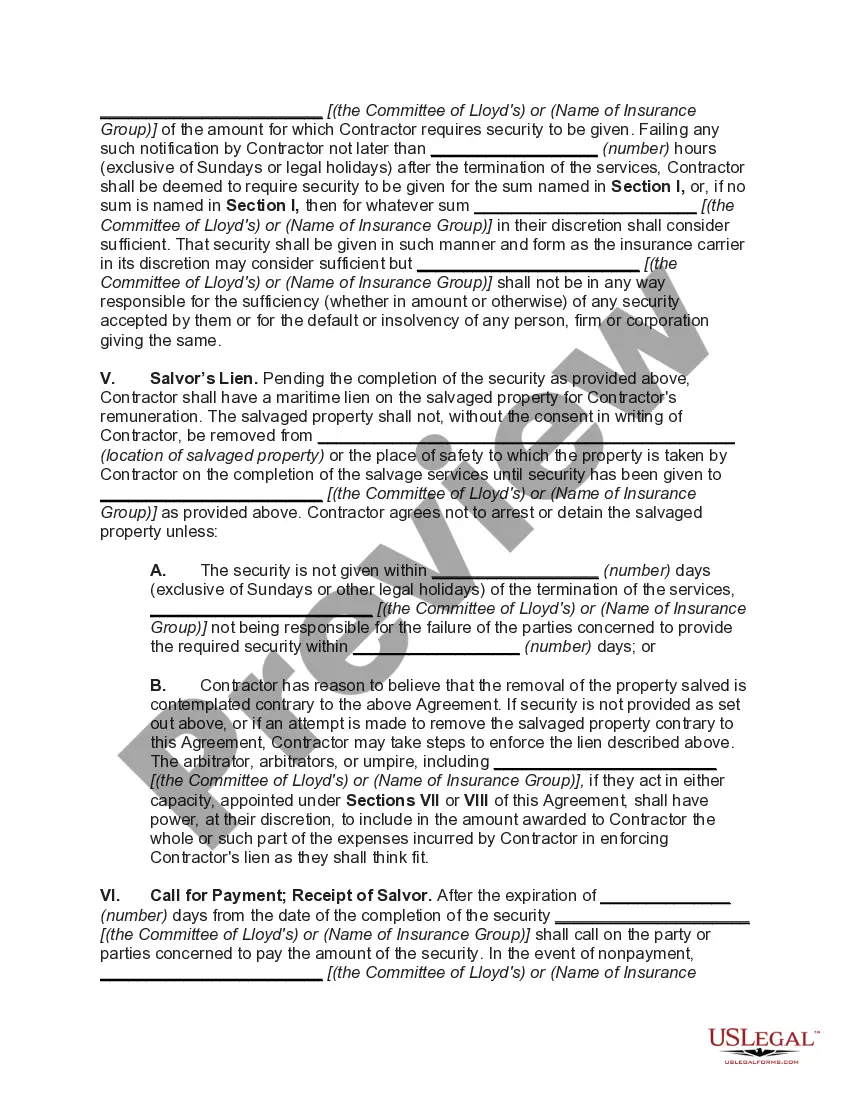 Preview Standard Form of Salvage Agreement (No Cure, No Pay)