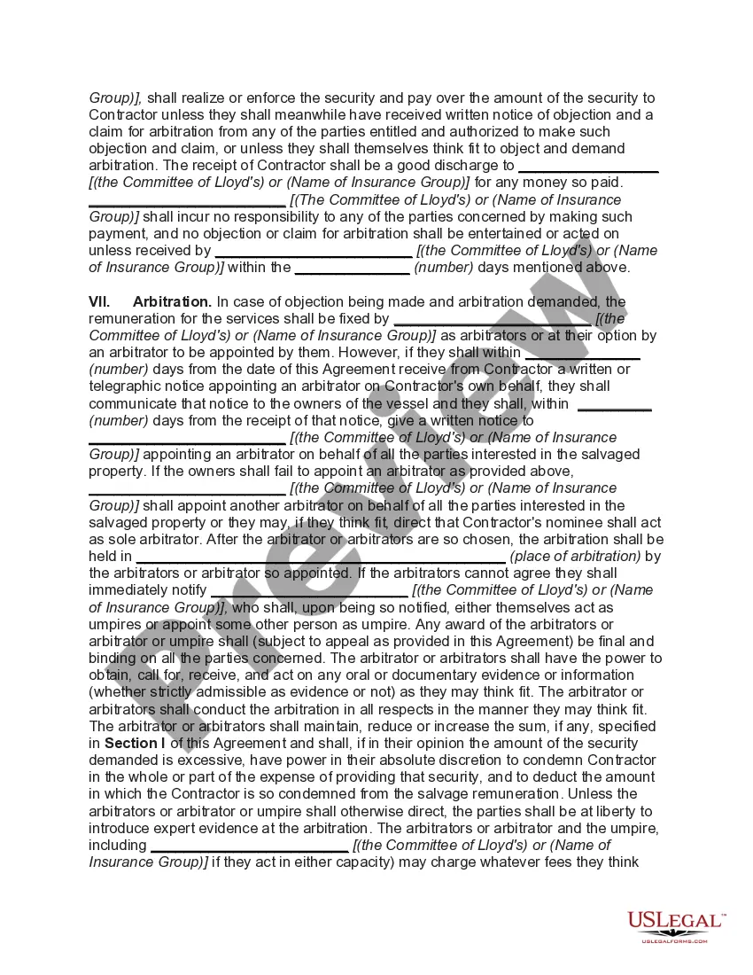 Preview Standard Form of Salvage Agreement (No Cure, No Pay)