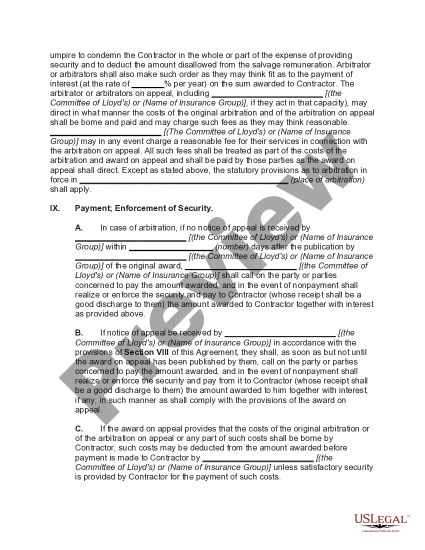 Preview Standard Form of Salvage Agreement (No Cure, No Pay)