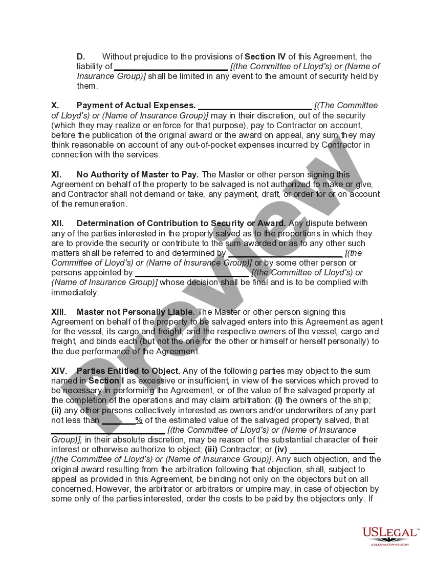 Preview Standard Form of Salvage Agreement (No Cure, No Pay)