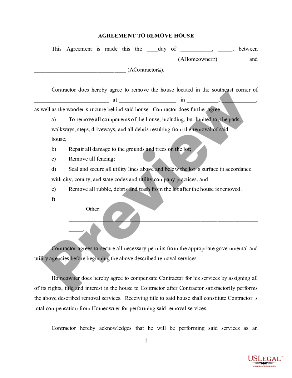 page 0 Agreement to Remove House preview