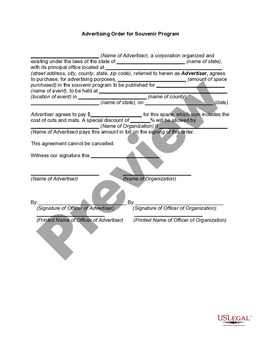 Advertising Order for Souvenir Program US Legal Forms