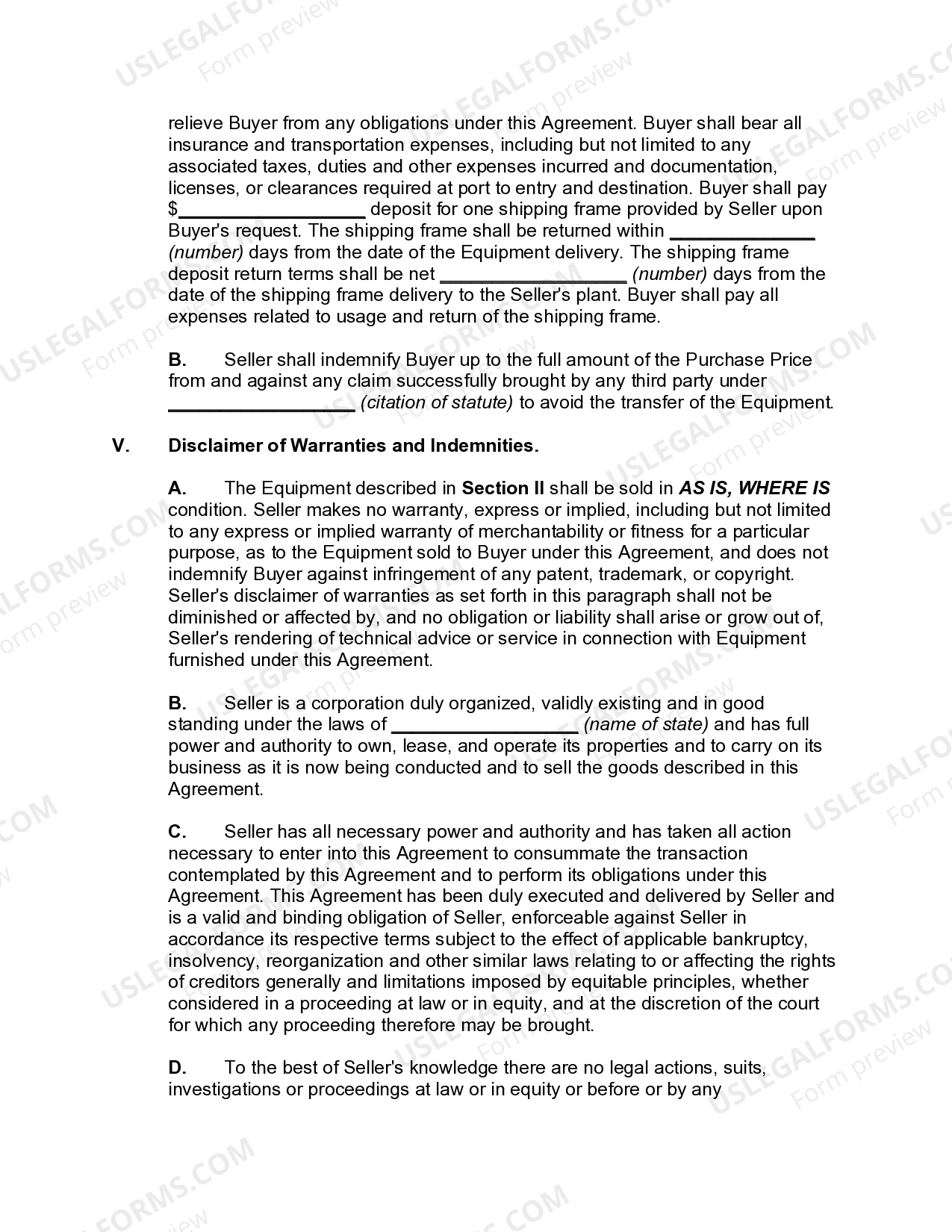 Agreement for Sale of Equipment US Legal Forms
