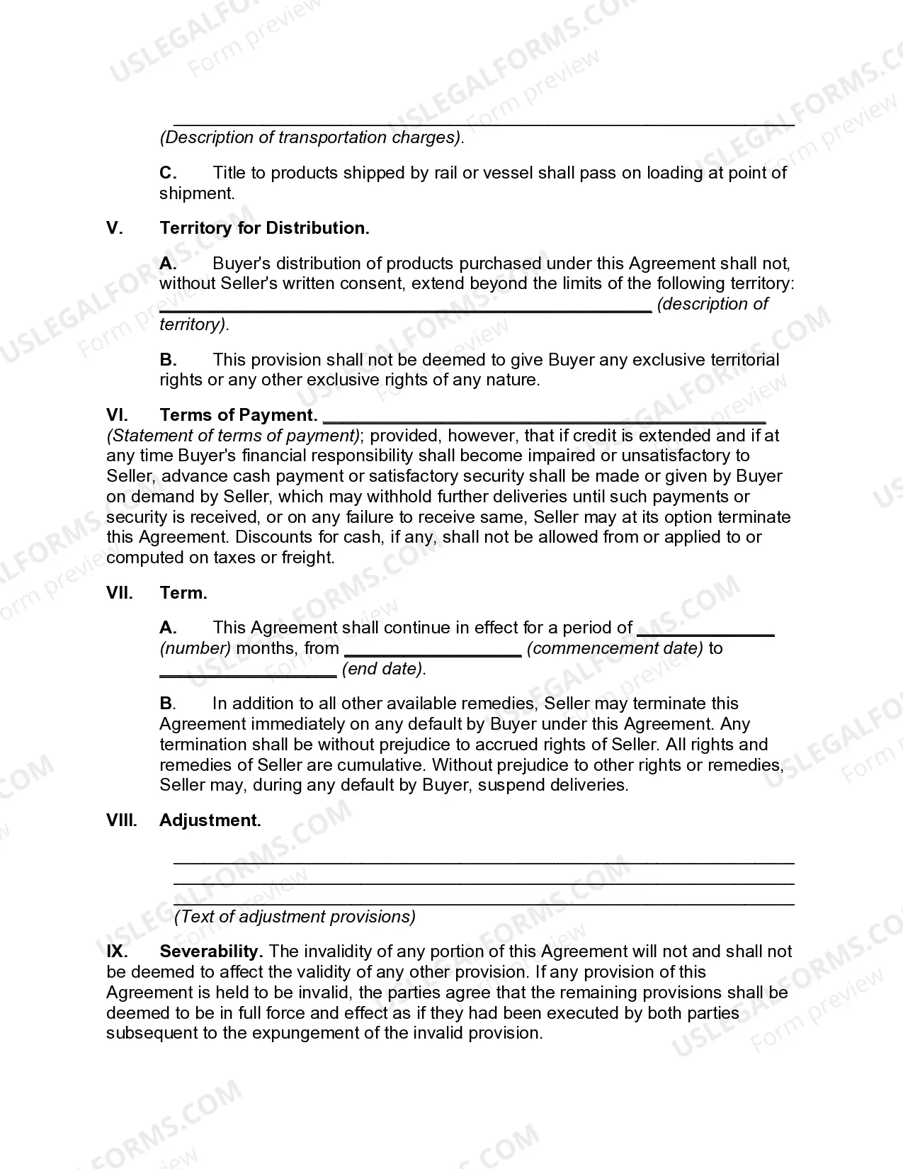Preview Long Term Agreement for Sale of Goods with Restriction of Buyer's Territory for Distribution