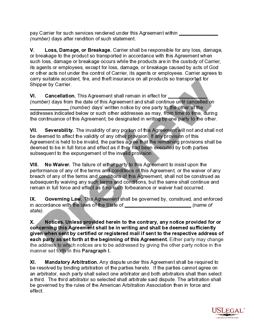 Get Agreement between Carrier and Shipper with Guaranteed Monthly Shipments of Manufactured Goods Preview Agreement between Carrier and Shipper with Guaranteed Monthly Shipments of Manufactured Goods