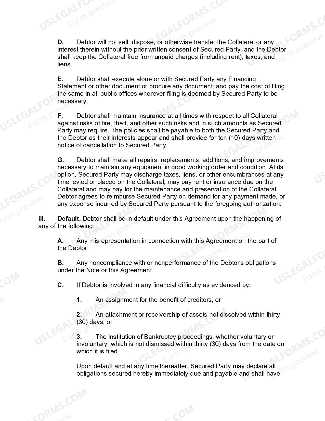 Security Agreement Covering Inventory, Equipment, Appliances
