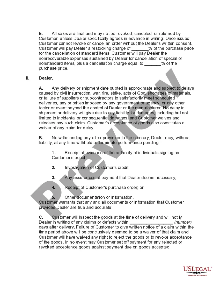 Preview Agreement between Dealer and Customer for Sale of Goods