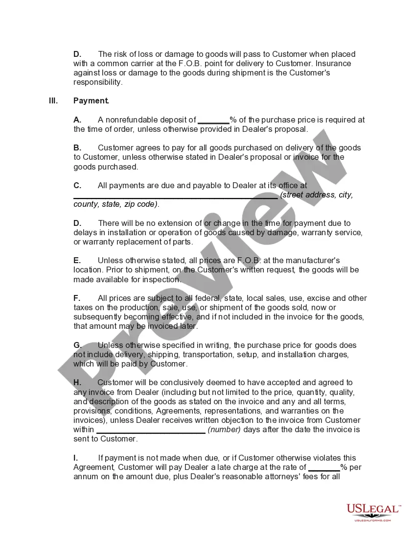 Preview Agreement between Dealer and Customer for Sale of Goods