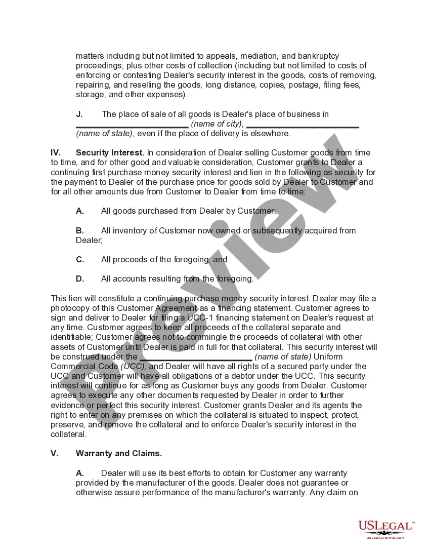Preview Agreement between Dealer and Customer for Sale of Goods