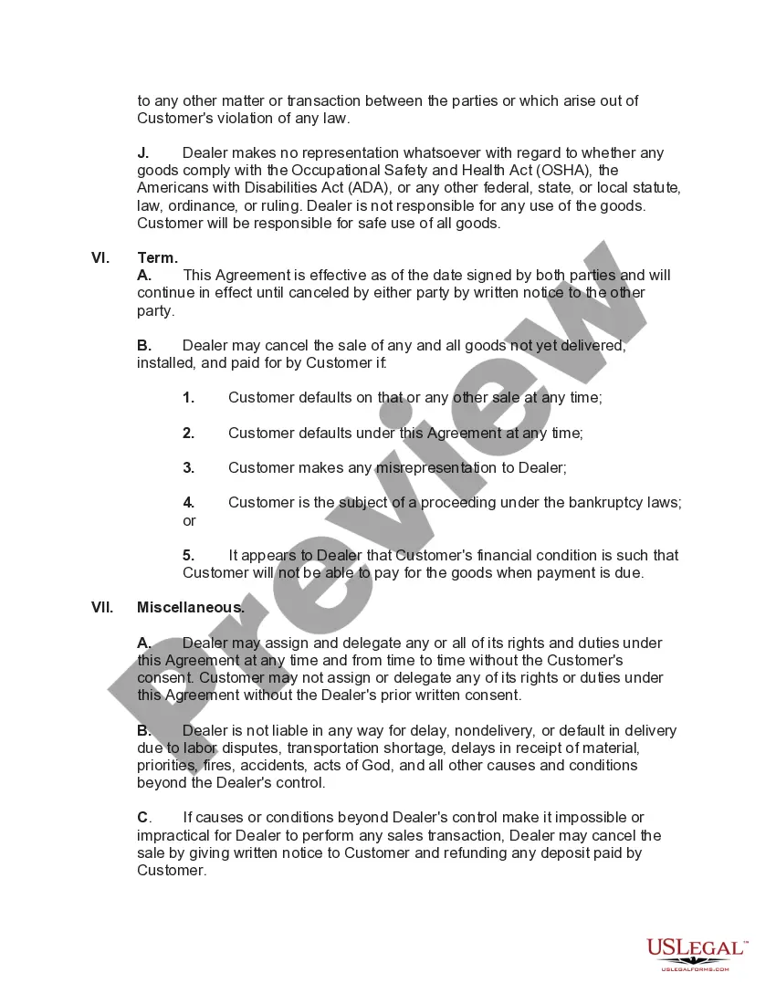 Preview Agreement between Dealer and Customer for Sale of Goods