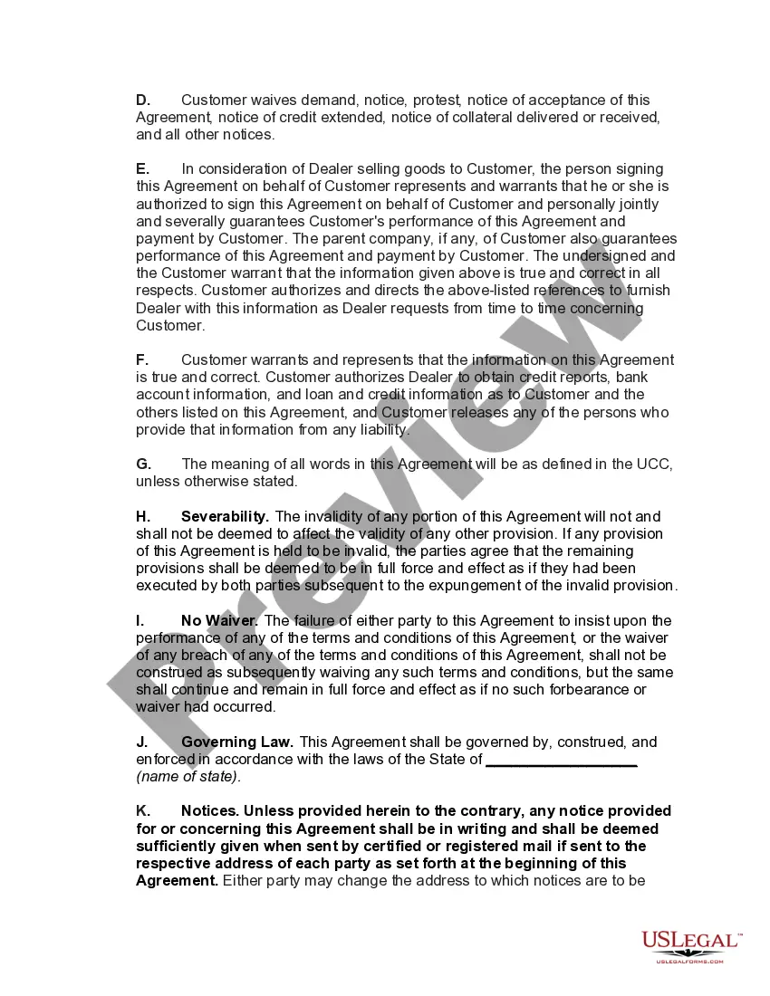 Preview Agreement between Dealer and Customer for Sale of Goods
