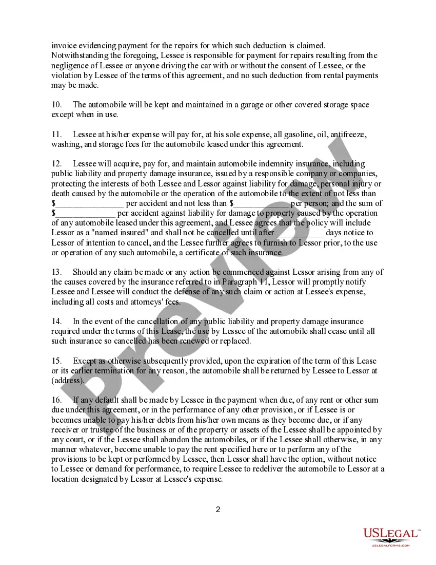 Preview Lease or Rental Agreement of Automobile, Car, Truck, or Vehicle by Individual