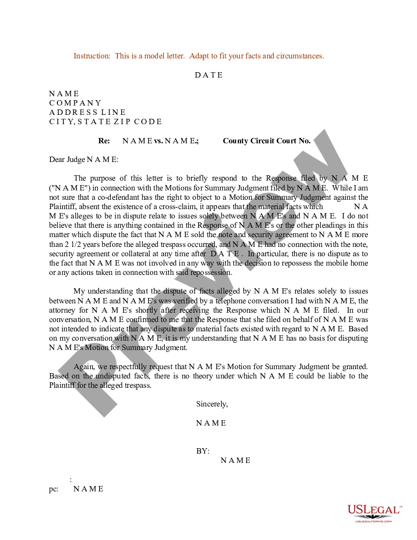 Dallas Texas Sample Letter for Response in connection with Motions for