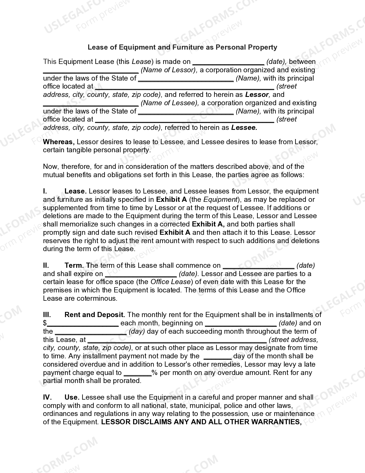 Lease of Equipment and Furniture as Personal Property US Legal Forms