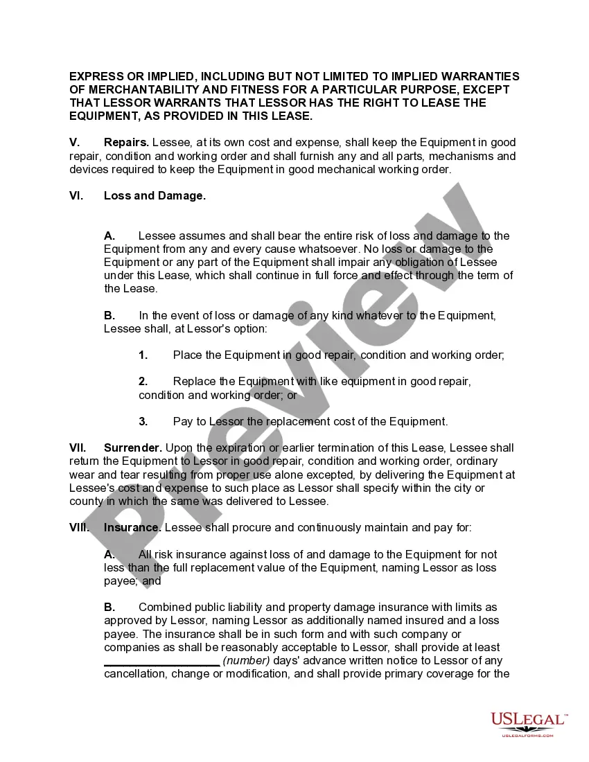 Preview Lease of Equipment and Furniture as Personal Property