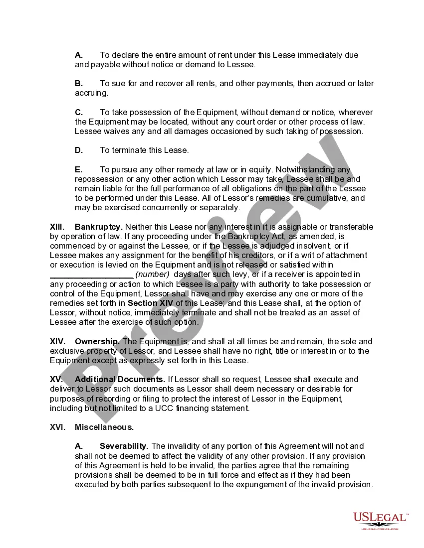 Preview Lease of Equipment and Furniture as Personal Property