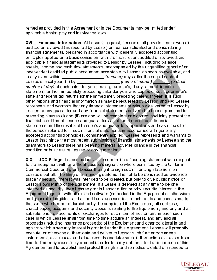Preview Master Lease of Equiment as Personal Propety with Automatic Renewal of Lease unless Lessee Notifies Lessor of Intention to either Purchase or Return Equipment
