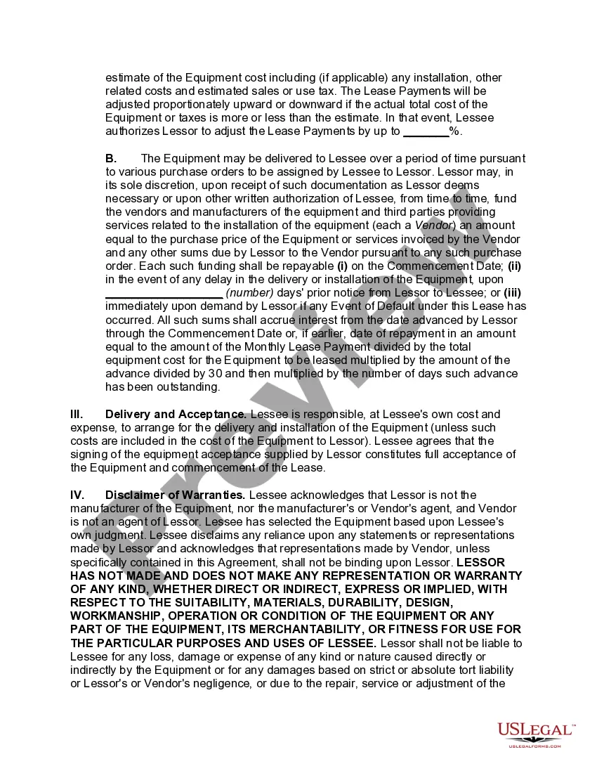 Preview Master Lease of Equiment as Personal Propety with Automatic Renewal of Lease unless Lessee Notifies Lessor of Intention to either Purchase or Return Equipment