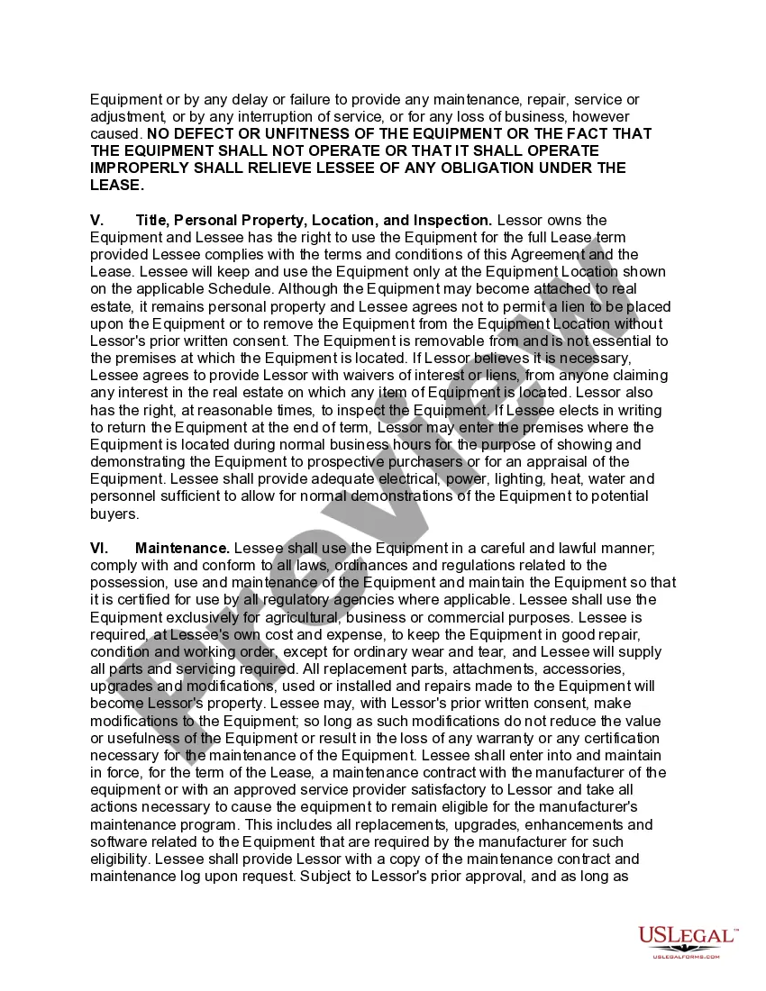 Preview Master Lease of Equiment as Personal Propety with Automatic Renewal of Lease unless Lessee Notifies Lessor of Intention to either Purchase or Return Equipment
