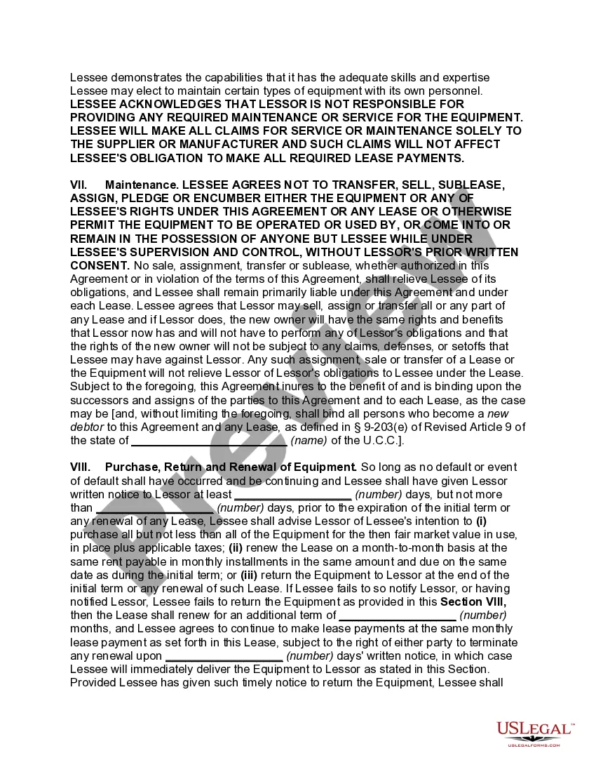 Preview Master Lease of Equiment as Personal Propety with Automatic Renewal of Lease unless Lessee Notifies Lessor of Intention to either Purchase or Return Equipment