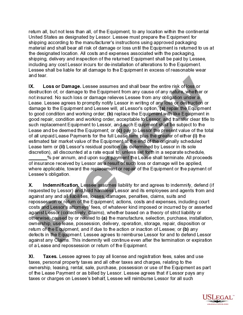 Preview Master Lease of Equiment as Personal Propety with Automatic Renewal of Lease unless Lessee Notifies Lessor of Intention to either Purchase or Return Equipment