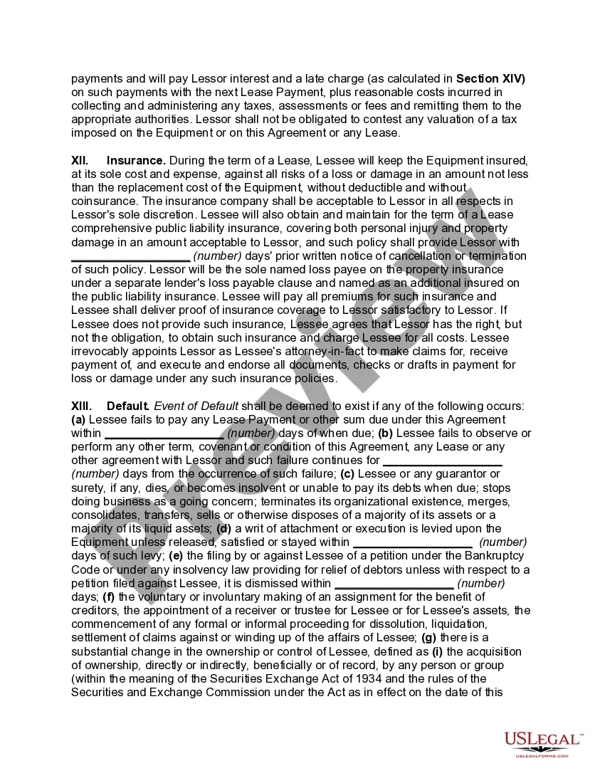 Preview Master Lease of Equiment as Personal Propety with Automatic Renewal of Lease unless Lessee Notifies Lessor of Intention to either Purchase or Return Equipment