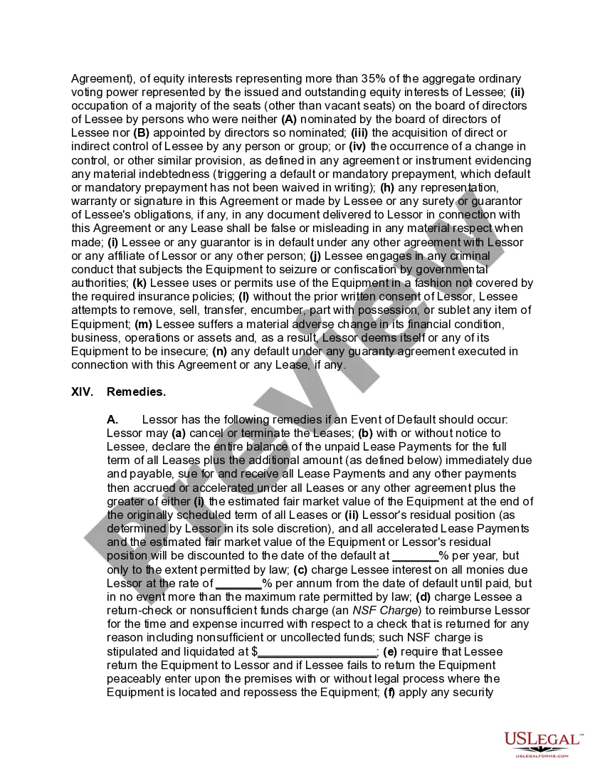 Preview Master Lease of Equiment as Personal Propety with Automatic Renewal of Lease unless Lessee Notifies Lessor of Intention to either Purchase or Return Equipment