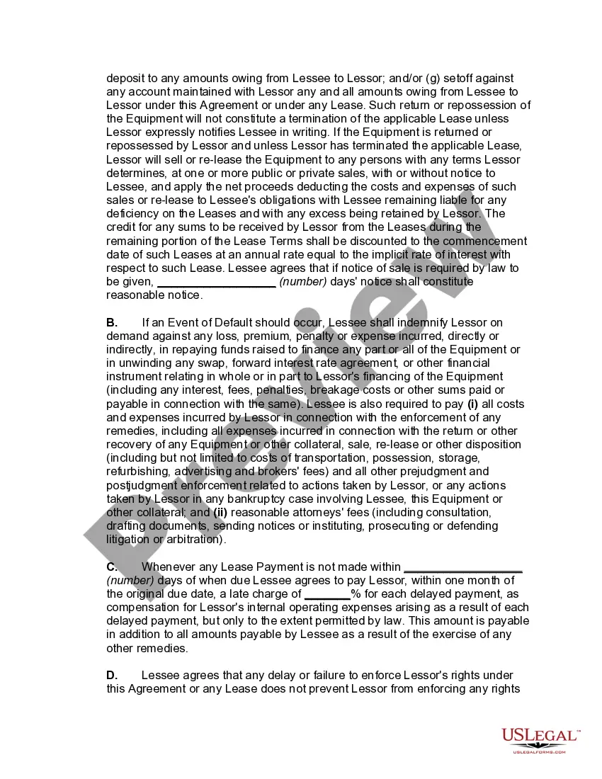 Preview Master Lease of Equiment as Personal Propety with Automatic Renewal of Lease unless Lessee Notifies Lessor of Intention to either Purchase or Return Equipment