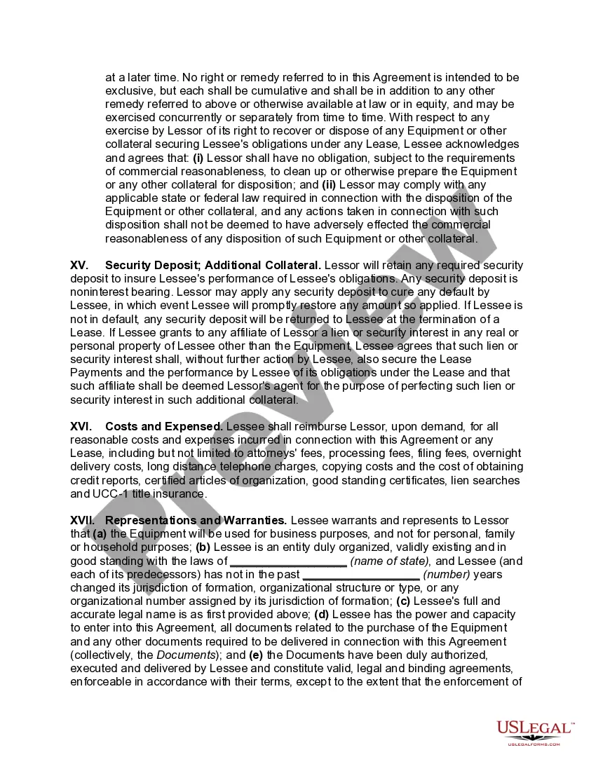Preview Master Lease of Equiment as Personal Propety with Automatic Renewal of Lease unless Lessee Notifies Lessor of Intention to either Purchase or Return Equipment
