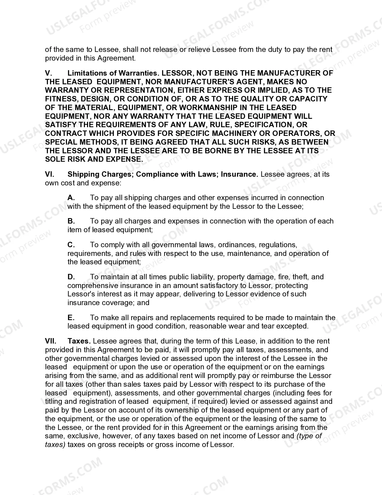 Preview Lease of Equipment as Personal Property