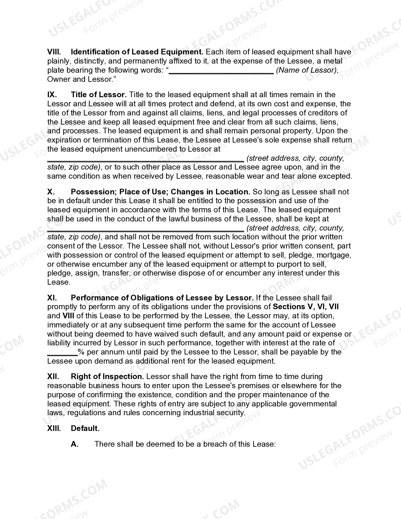 Preview Lease of Equipment as Personal Property