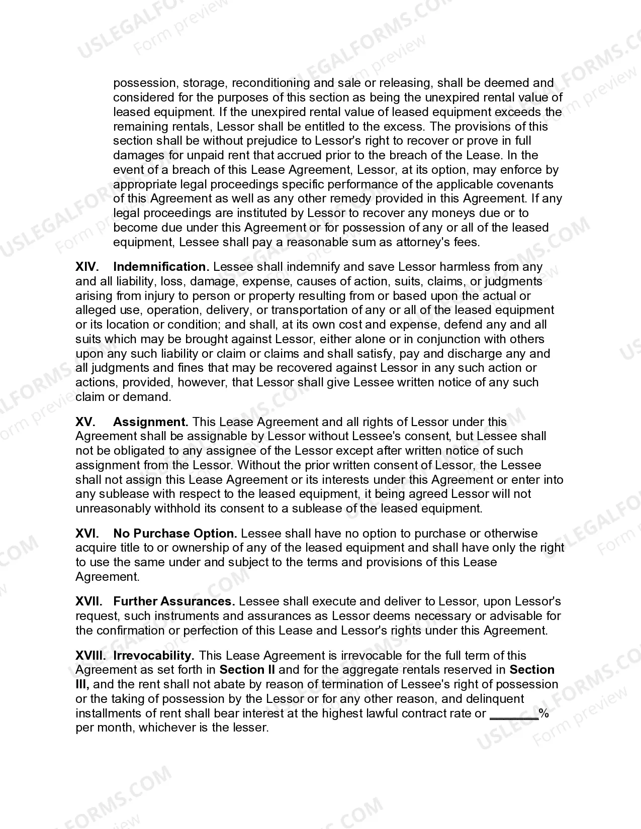 Preview Lease of Equipment as Personal Property