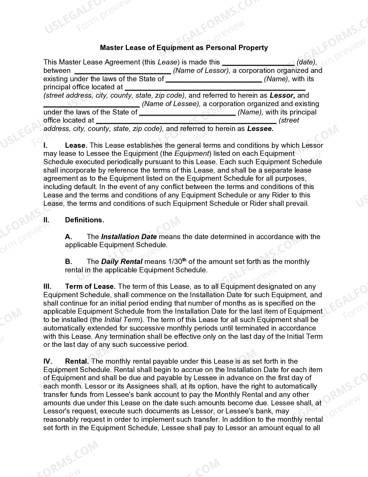 Master Lease of Equipment as Personal Property US Legal Forms