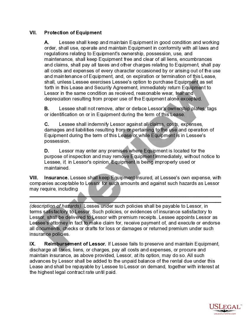 Preview Equipment Lease with Security Agreement and Purchase Option