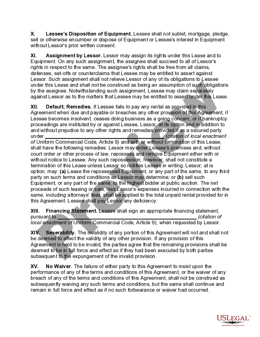 Preview Equipment Lease with Security Agreement and Purchase Option