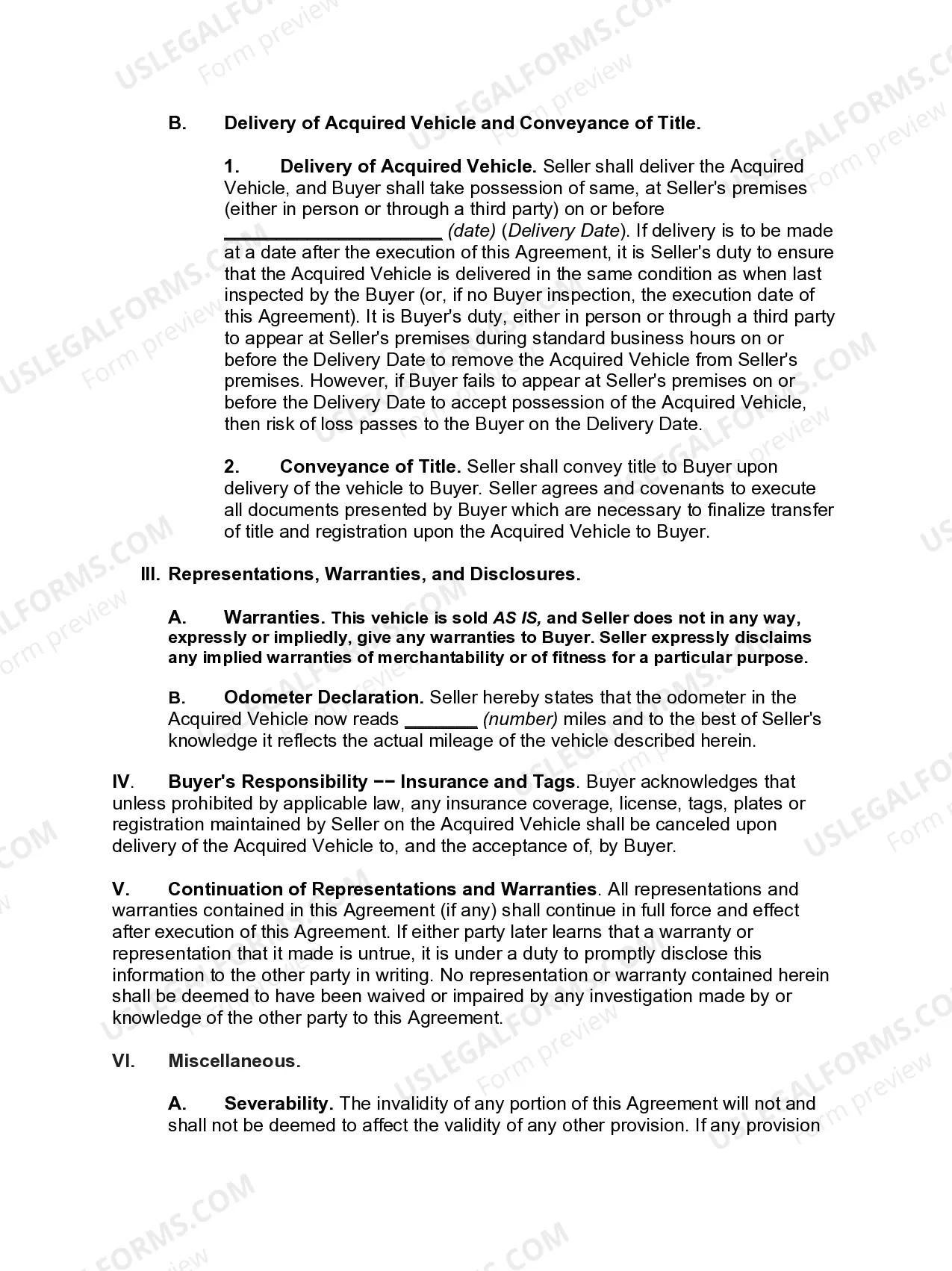 Preview Vehicle Sales Agreement