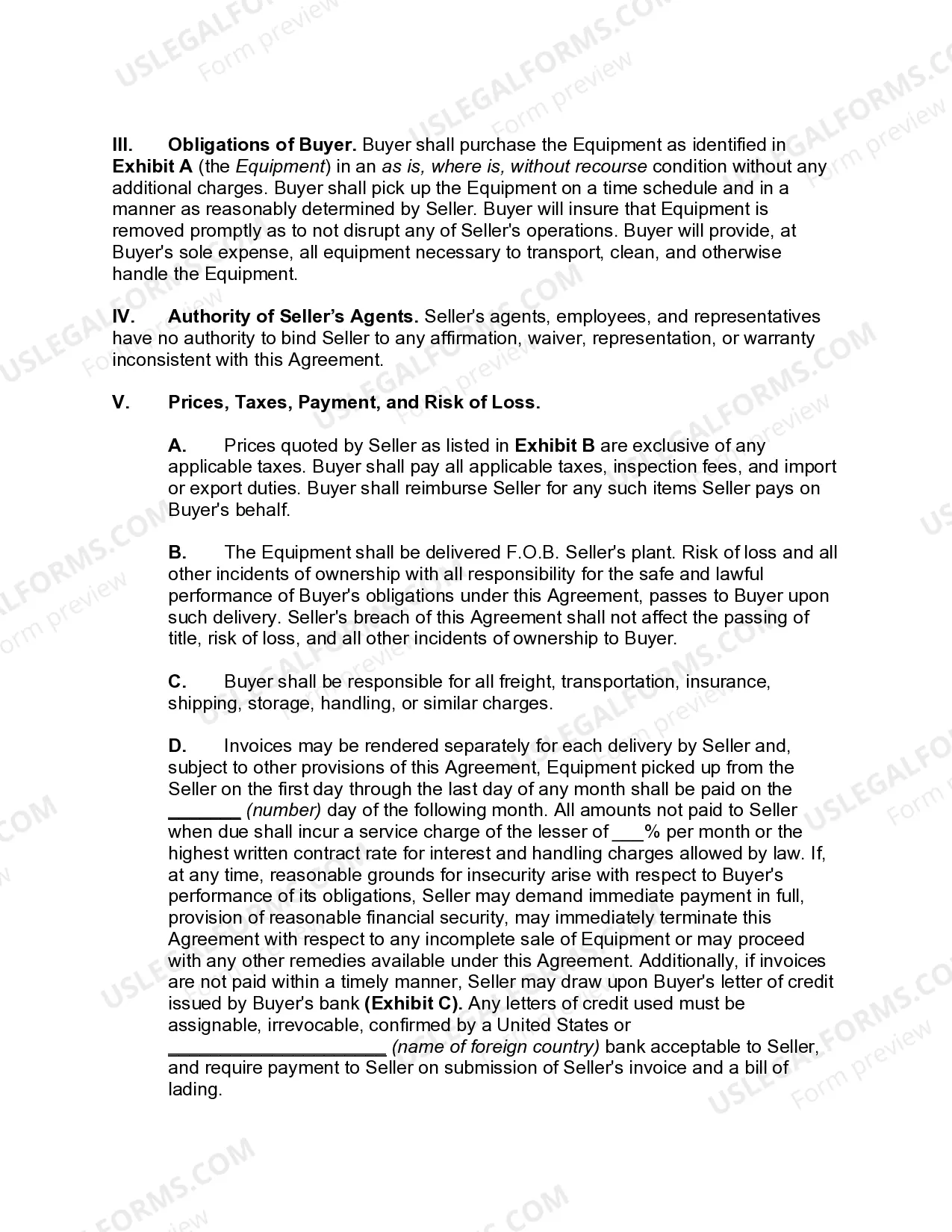 Preview Master Sales Agreement of Equipment