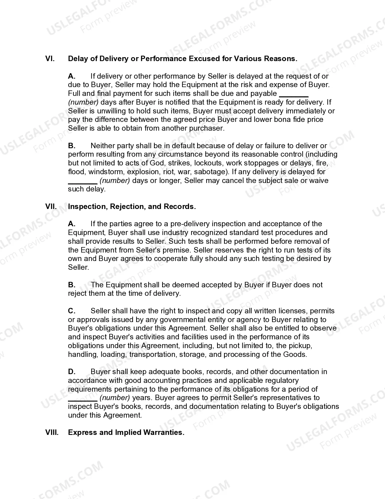 Preview Master Sales Agreement of Equipment