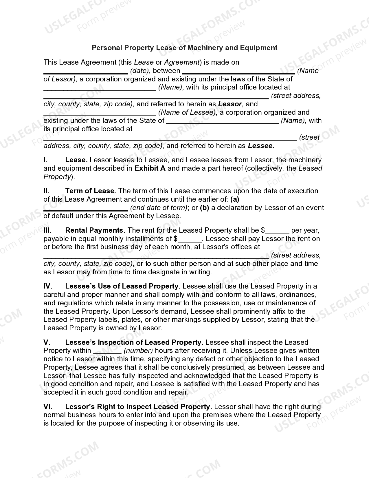 Personal Property Lease of Machinery and Equipment US Legal Forms